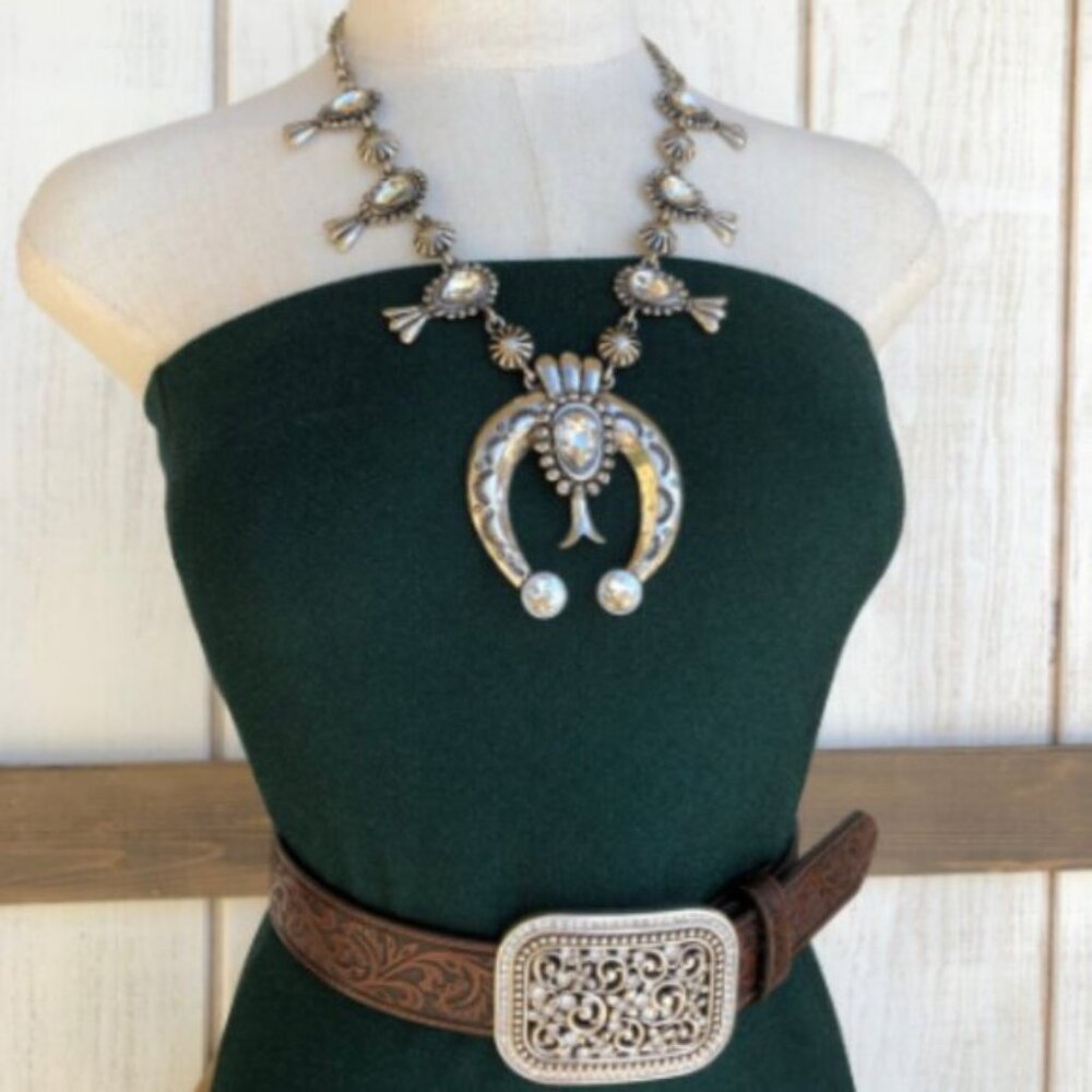 Bohemian Western Cowboy Horseshoe Squash Blossom Silver Rhinestone Necklace - Picture 2 of 16